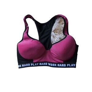 Body Form Activewear Bra Hot Pink Black Band "Hard Work Hard Play" 34C  V-neck